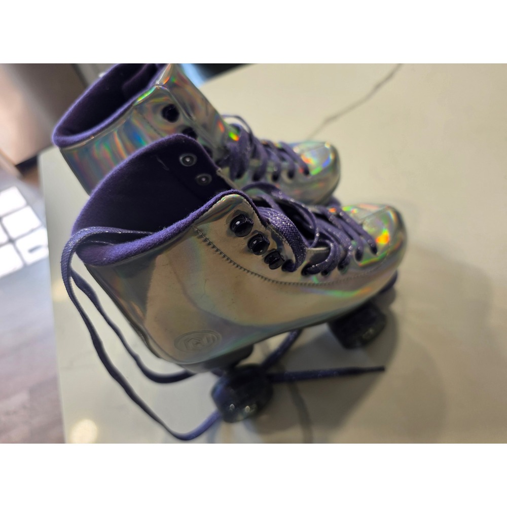 JajaHoHo Holographic Silver Roller Skates Purple Glitter Laces Kids Size 36 4.5